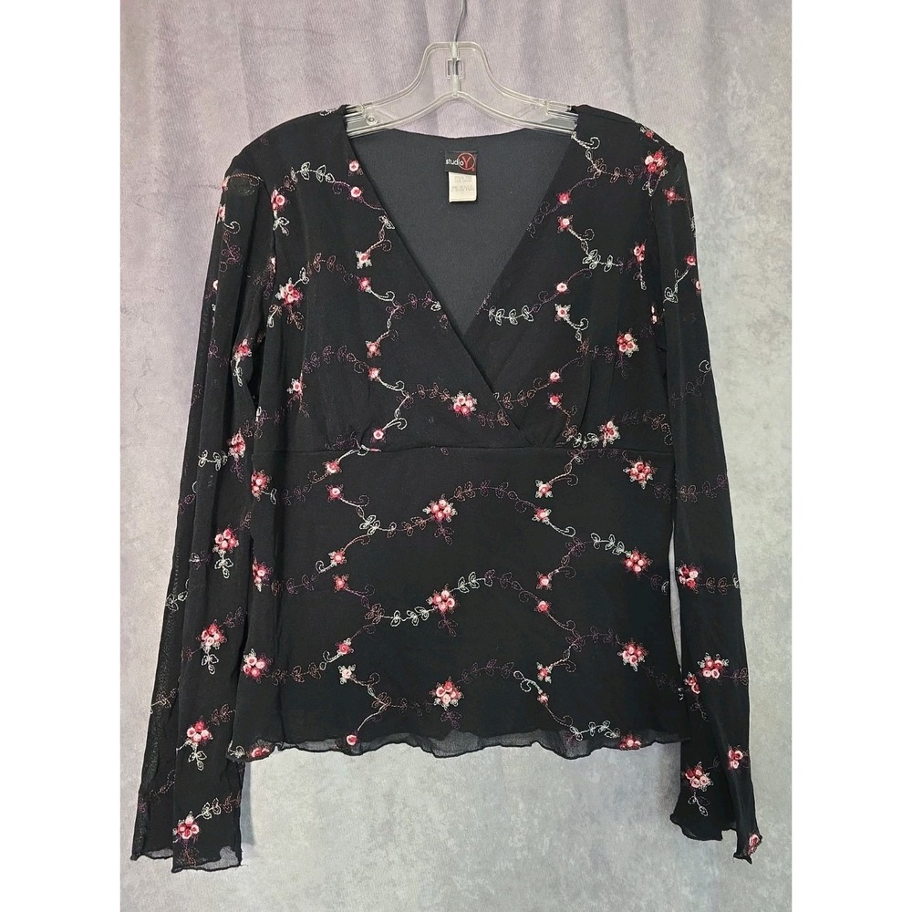 Studio Y Vintage Y2K Whimsigoth Black Floral Embroidered Mesh Blouse L USA Made
